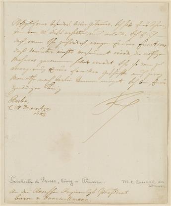 FREDERICK II; KING OF PRUSSIA (1712-1786)  Letter Signed, Friedrich, as King, to the President of the Regency of Cleves Baron von Dan